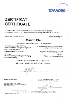 Certificate for MT according to DIN EN ISO 9712:2012