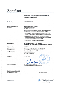 Certificate as welding specialist according to AD2000 HP0